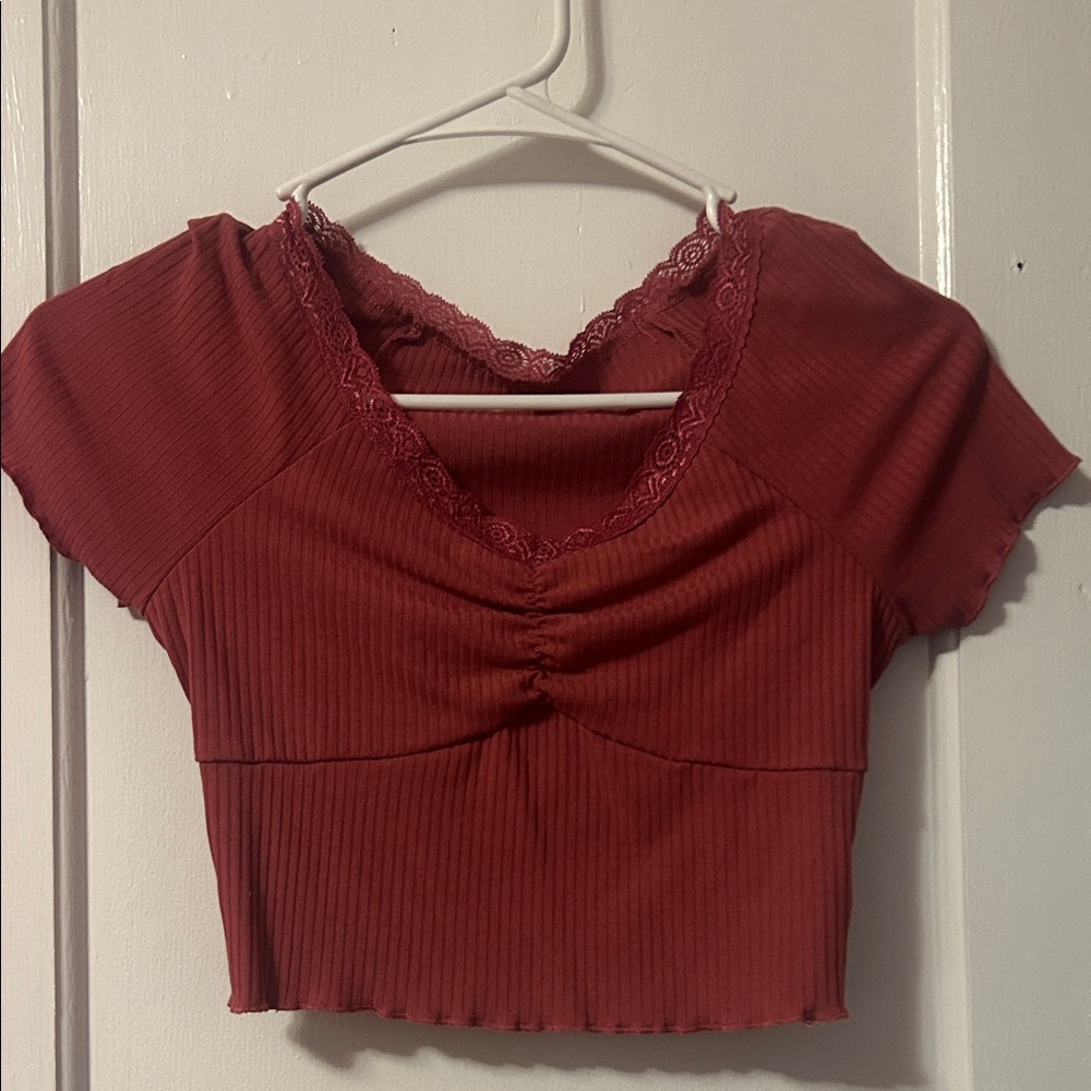 Elegant Red Lace Trimmed Women's Top